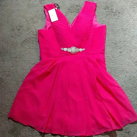 NWT Manfei Fusia Pink V-Neck Chiffon Dress - Picture 3 of 7